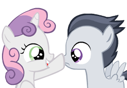 Size: 1023x703 | Tagged: safe, artist:lunaticdawn, rumble, sweetie belle, boop, cute, female, frown, male, open mouth, rumbelle, shipping, simple background, smiling, straight, transparent background, wide eyes