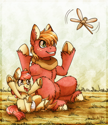 Size: 1024x1184 | Tagged: safe, artist:inuhoshi-to-darkpen, apple bloom, big macintosh, earth pony, pony, brotherhooves social, brother and sister, diaper, female, filly, fluffy, male, playing, siblings, stallion, toy, unshorn fetlocks, younger