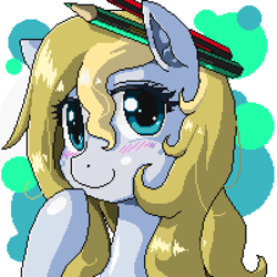 Size: 600x600 | Tagged: safe, artist:brillen-schlange, oc, oc only, oc:evo, blonde, bust, cute, freckles, pencil, pixel art, ponysona, portrait, solo