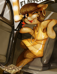 Size: 655x847 | Tagged: safe, anonymous artist, pony, armpits, car, clothes, dress, ear piercing, earring, female, flapper, jewelry, lipstick, mare, necklace, pantyhose, piercing, roan rpg, solo