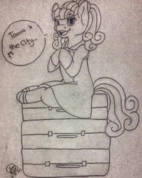 Size: 1536x1929 | Tagged: safe, artist:shinako-tan, carrot top, golden harvest, challenge, clothes, cute, dress, equestria daily, monochrome, packing, pen drawing, singing, solo, suitcase, traditional art