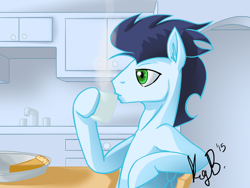 Size: 1024x768 | Tagged: safe, artist:phelixkev, soarin', pegasus, pony, coffee, drinking, food, kitchen, male, mug, pie, pumpkin pie, solo, stallion, that pony sure does love pies