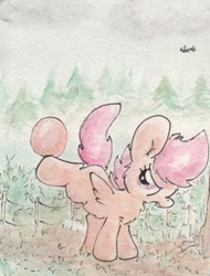 Size: 684x898 | Tagged: safe, artist:slightlyshade, scootaloo, pegasus, pony, ball, filly, solo, traditional art