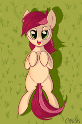 Size: 1264x1920 | Tagged: safe, artist:cylosis, roseluck, grass, looking at you, on back, solo