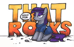 Size: 1439x907 | Tagged: safe, artist:mattings, maud pie, earth pony, pony, clothes, female, mare, sitting, solo, speech bubble