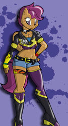Size: 486x902 | Tagged: safe, artist:theburningdonut, scootaloo, anthro, badass, belly button, belt, boots, choker, clothes, latex, leather jacket, midriff, older, shorts, simple background, solo, tube top