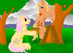 Size: 800x581 | Tagged: safe, artist:kohala8, applejack (g1), posey, earth pony, pony, g1, apple, duo, female, ladder, mare, picking, story in the source