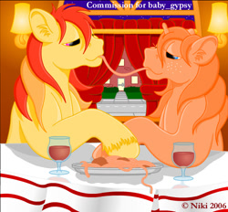 Size: 625x581 | Tagged: safe, artist:kohala8, gypsy (g1), sunburst, g1, gypsyburst, lady and the tramp, shipping, spaghetti scene