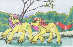 Size: 1389x892 | Tagged: safe, artist:kohala8, sunburst, tex, g1, big brother ponies, nature, traditional art