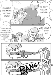 Size: 724x1024 | Tagged: safe, artist:yajima, edit, double diamond, party favor, sugar belle, the cutie map, 4koma, alternate ending, balloon, balloon animal, comic, gun, japanese, monochrome, pixiv, rifle, sniper rifle, translation, weapon