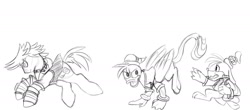 Size: 1750x768 | Tagged: safe, artist:crystalchan2d, diamond dog, griffon, crossover, diamond dogified, disney, donald duck, goofy, griffonized, kingdom hearts, monochrome, ponified, sora, species swap, style emulation