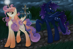 Size: 1500x1000 | Tagged: safe, artist:santagiera, oc, oc only, oc:king cosmos, oc:queen galaxia, alicorn, pony, alicorn oc, fountain, galamos, night