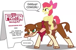 Size: 1600x1048 | Tagged: safe, artist:rich-jammer, apple bloom, arizona cow, cow, earth pony, pony, them's fightin' herds, bandana, bow, cloven hooves, community related, crossover, crowdfunding, female, filly, hair bow, piggyback ride, saddle