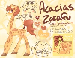 Size: 2249x1749 | Tagged: safe, artist:anamcpancake, oc, oc only, oc:acacias zarafu, giraffe, bifurcated hooves, blushing, brown eyes, long legs, long neck, ossicones, reference sheet, scar, smiling, tail wrap, tongue out