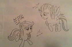 Size: 1024x666 | Tagged: safe, artist:craddlemaster, lightning dust, scootaloo, body swap, show accurate, traditional art