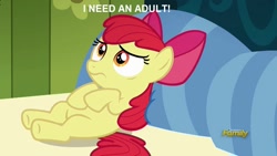 Size: 1366x768 | Tagged: safe, edit, edited screencap, screencap, apple bloom, earth pony, pony, bloom and gloom, bed, caption, female, filly, i need an adult, image macro, meme, on back, pillow, scared