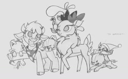 Size: 1280x792 | Tagged: safe, artist:lockerobster, arizona cow, pom lamb, velvet reindeer, cow, deer, lamb, reindeer, sheep, winter sprite, them's fightin' herds, bandana, cloven hooves, community related, female, monochrome, pencil drawing, puppy, simple background, traditional art, white background, woof ruff tuft puff