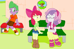 Size: 5608x3680 | Tagged: safe, artist:tagman007, apple bloom, spike, sweetie belle, equestria girls, boots, human spike, shoes, snare trap, thought bubble, upside down