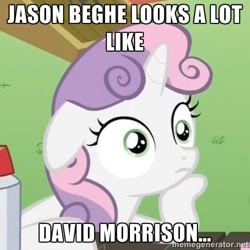 Size: 500x500 | Tagged: safe, sweetie belle, pony, unicorn, david morrison, exploitable meme, female, filly, horn, image macro, jason beghe, meme, solo, sudden clarity sweetie belle, text, theory, two toned mane, white coat, wide eyes