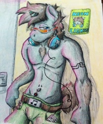 Size: 1024x1233 | Tagged: safe, artist:spark-theory, neon lights, rising star, anthro, unicorn, bare chest, belly button, bellyring, chest fluff, clothes, earring, headphones, ipod, partial nudity, poster, solo, sunglasses, tattoo, topless