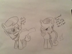 Size: 1024x768 | Tagged: safe, silver spoon, sweetie belle, body swap, dialogue, monochrome, traditional art