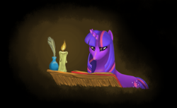 Size: 709x433 | Tagged: safe, artist:shybaldur, twilight sparkle, candle, quill, solo