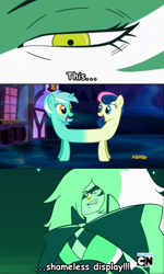 Size: 540x900 | Tagged: safe, edit, screencap, bon bon, lyra heartstrings, sweetie drops, do princesses dream of magic sheep, crossover, disgusted, fusion, fusion is just a cheap tactic to make weak ponies stronger, jasper (steven universe), lyrabon (fusion), pushmi-pullyu, screencap comic, steven universe