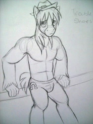 Size: 774x1032 | Tagged: safe, artist:sangee-13-neuroy, trouble shoes, anthro, earth pony, bare chest, clothes, clydesdale, cutie mark on clothes, male, monochrome, solo, stallion, stupid sexy troubleshoes, topless, traditional art