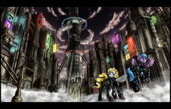 Size: 2700x1718 | Tagged: safe, artist:nukechaser, firefly, surprise, oc, oc only, pegasus, pony, fallout equestria, fallout equestria: storm chasers, armor, art deco, city, cityscape, cyberpunk, enclave, grand pegasus enclave, hurricane, powered exoskeleton, stealth suit