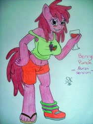 Size: 768x1024 | Tagged: safe, artist:sangee-13-neuroy, berry punch, berryshine, anthro, earth pony, belly button, clothes, cutie mark on clothes, drunk, female, mare, midriff, reference sheet, solo, tanktop, traditional art, wine bottle
