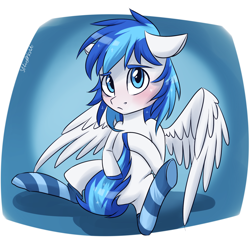 Size: 2000x2000 | Tagged: safe, artist:silbersternenlicht, oc, oc only, oc:rainy, pegasus, pony, blue eyes, blushing, clothes, confused, covering, floppy ears, frown, looking at you, male, sitting, socks, solo, spread legs, spread wings, striped socks, tail covering, wings