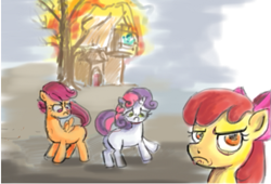 Size: 511x347 | Tagged: safe, artist:pon_pon_pon, apple bloom, scootaloo, sweetie belle, earth pony, pegasus, unicorn, the cutie map, butt, cutie mark crusaders, disaster girl, female, filly, fire, plot, raised tail, tail