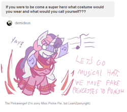 Size: 562x499 | Tagged: safe, artist:haute-claire, ruby pinch, sweetie belle, ask, ask ruby pinch, pony hat, sweetiehat, tumblr