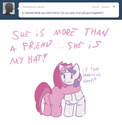 Size: 492x506 | Tagged: safe, artist:haute-claire, ruby pinch, sweetie belle, ask, ask ruby pinch, hug, tumblr