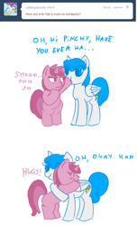 Size: 498x820 | Tagged: safe, artist:haute-claire, lightning bolt, ruby pinch, white lightning, pegasus, pony, ask, ask ruby pinch, comic, female, hug, mare, tumblr