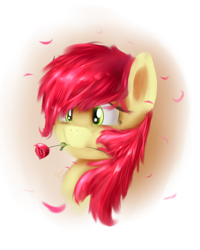 Size: 2400x3000 | Tagged: dead source, safe, artist:shamanguli, roseluck, bust, flower, flower in mouth, messy mane, mouth hold, portrait, rose, rose in mouth, solo