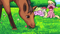 Size: 1280x720 | Tagged: safe, artist:unsavorydom, daisy, flower wishes, lily, lily valley, roseluck, horse, eating, eyes closed, floppy ears, flower, flower in hair, flower trio, frown, grazing, horse-pony interaction, horses doing horse things, mlpgdraws, open mouth, prone, raised hoof, scared, screaming, sitting, the horror, wide eyes