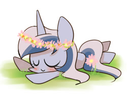 Size: 1000x800 | Tagged: safe, artist:joycall6, minuette, blushing, eyes closed, floral head wreath, flower, flower in hair, prone, solo