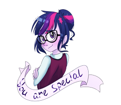 Size: 2300x2000 | Tagged: safe, artist:silbersternenlicht, sci-twi, twilight sparkle, equestria girls, friendship games, banner, clothes, crossed arms, crystal prep academy, crystal prep academy uniform, crystal prep shadowbolts, glasses, looking back, motivational, positive message, positive ponies, school uniform, solo, text
