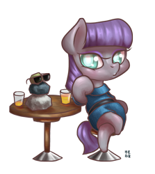 Size: 1705x1915 | Tagged: safe, artist:mrs1989, maud pie, rocky, chibi, crossed legs, drink, duckface, looking at you, simple background, sitting, sunglasses, table, transparent background, vector