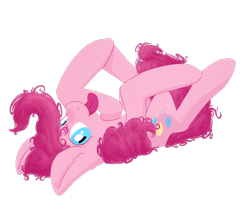 Size: 1000x852 | Tagged: safe, artist:kathyatipton, derpibooru import, pinkie pie, earth pony, pony, looking at you, on back, silly, silly pony, simple background, solo, tongue out, transparent background