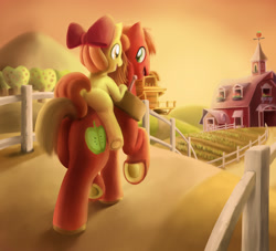 Size: 1080x980 | Tagged: source needed, safe, artist:dipingxiangtr, apple bloom, big macintosh, earth pony, pony, brotherhooves social, male, ponies riding ponies, stallion, sweet apple acres