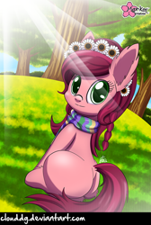 Size: 536x800 | Tagged: safe, artist:clouddg, gloriosa daisy, equestria girls, legend of everfree, clothes, cute, daisybetes, ear fluff, equestria girls ponified, flower, flower in hair, looking at you, plot, ponified, scarf, sitting, smiling, solo