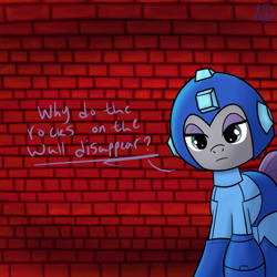 Size: 1024x1024 | Tagged: safe, artist:yuradhear, maud pie, robot, brick wall, crossover, disappearing blocks, heatman, heatman's stage, helmet, megaman, megamare, pun, rock man, rock mare, rockmare, solo, talking, that pony sure does love rocks