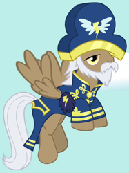 Size: 470x628 | Tagged: safe, screencap, pegasus, pony, testing testing 1-2-3, admiral fairweather, ancient wonderbolts uniform, background pony, beard, bicorne, clothes, costume, cropped, elderly, facial hair, flying, hat, male, moustache, stallion, uniform, unnamed pony