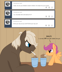 Size: 1250x1453 | Tagged: safe, artist:dbkit, dumbbell, scootaloo, ask, bubble, chocolate milk, tumblr