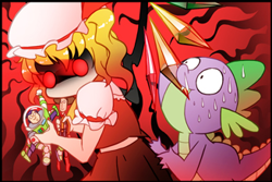 Size: 327x218 | Tagged: safe, artist:sweetsound, spike, dragon, buzz lightyear, cropped, crossover, flandre scarlet, sweatdrop, this will end in tears and/or death, touhou, toy story, wing bite, woody