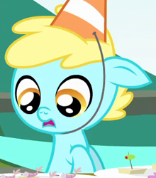 Size: 306x348 | Tagged: safe, screencap, pony, inspiration manifestation, 5-year-old, background pony, cropped, foal, hat, party hat, solo, unnamed pony