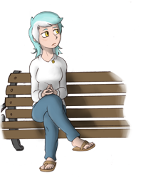 Size: 1220x1544 | Tagged: safe, artist:i am nude, lyra heartstrings, human, bench, feet, humanized, sandals, sitting, solo