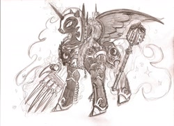 Size: 2337x1694 | Tagged: safe, artist:cahook2, nightmare moon, chaos, crossover, horus lupercal, lightning claw, mace, monochrome, power armor, primarch, solo, talon of horus, traditional art, warhammer (game), warhammer 40k, worldbreaker